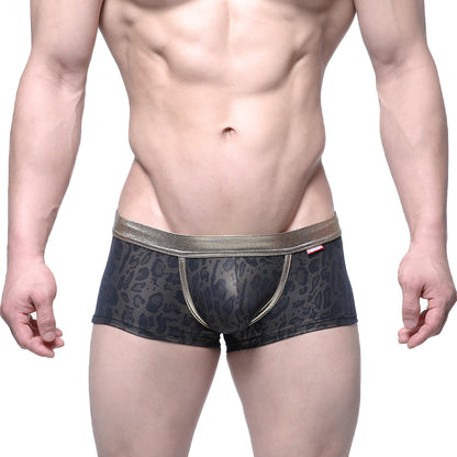 MetroMaleWear gloss trunk gold 2026-78 black leopard print boxer briefs with metallic gold waistband and trim