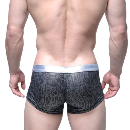 MetroMaleWear GLOSS trunk silver 2026-79 black and gray leopard-print mesh briefs with a shiny silver waistband