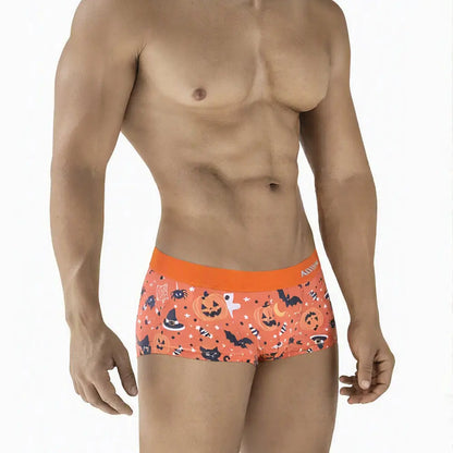 Men's Halloween-themed short boxer in orange with black cat and pumpkin prints featuring a comfortable waistband by MetroMaleWear