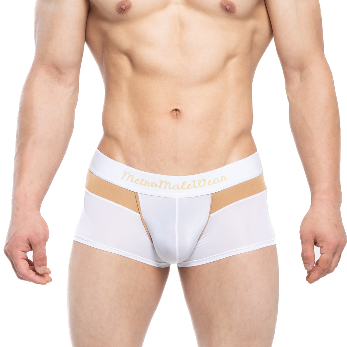 White mens briefs metroMaleWear Parisienne short boxer with tan accent stripe and gold branding on waistband
