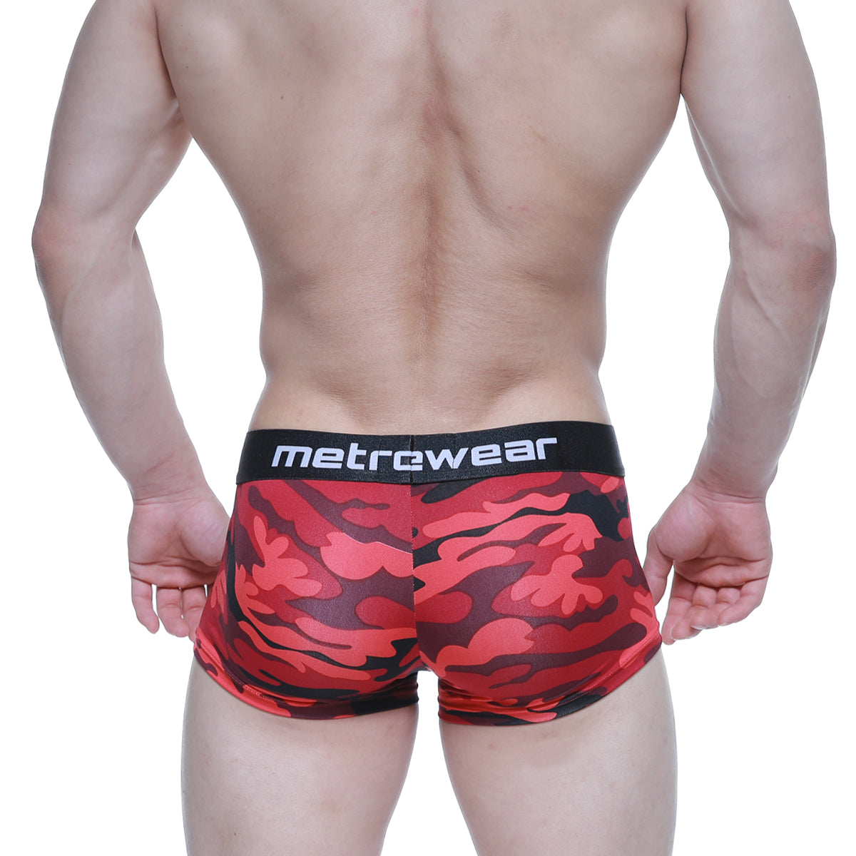 MetroMaleWear urban camo trunk 2026-90 red and black camouflage men’s briefs with black waistband and metrewear logo