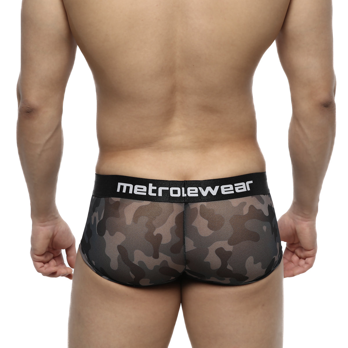 Black and gray camouflage mesh briefs with black waistband and metrowear logo metro malewear asian trunk camo 2026-93