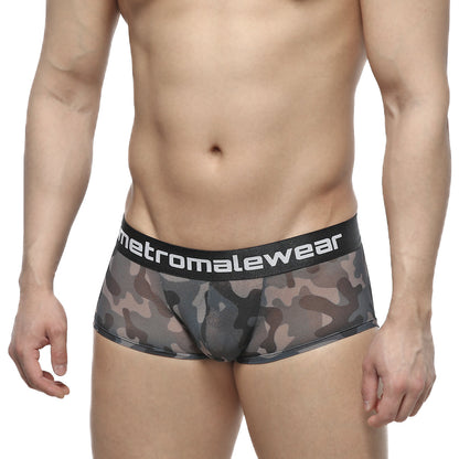 MetroMaleWear Asian Trunk Camo 2026-93 black and gray camouflage mesh briefs with black waistband and logo