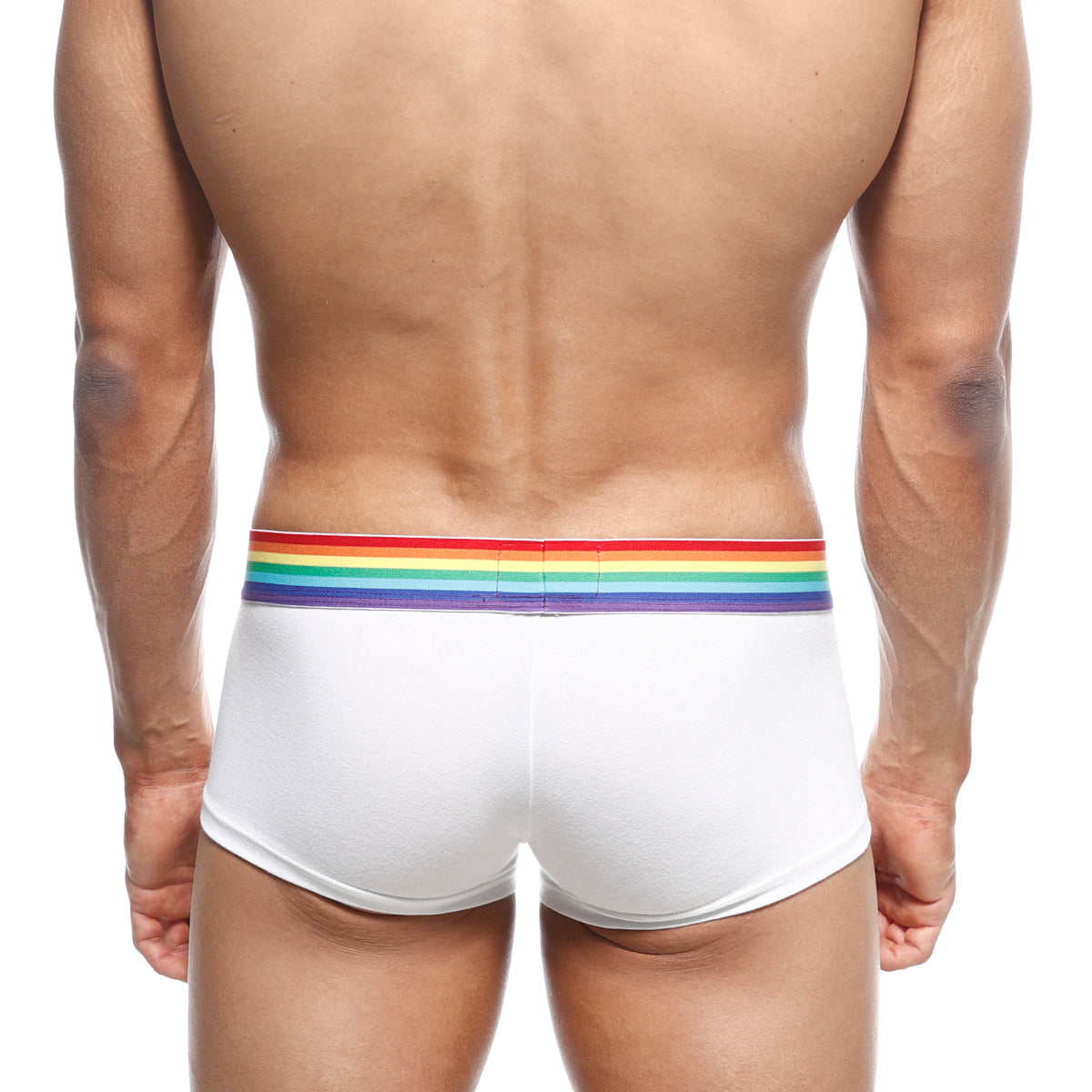 White briefs with rainbow-striped elastic waistband from metromalewear pride trunk white 2026-r00 collection