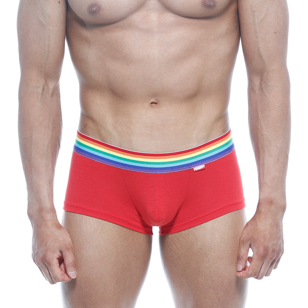 Red briefs metroMalewear pride trunk 2026-R12 with rainbow-striped elastic waistband for comfortable support