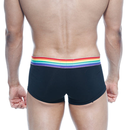 Black briefs with vibrant rainbow-striped waistband by metromalewear pride trunk 2026-r20 for comfortable daily wear
