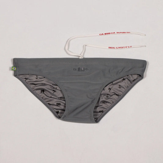 Gray men's bikini cut bathing suit by CA-RIO-CA with anchor print lining and drawstring waistband