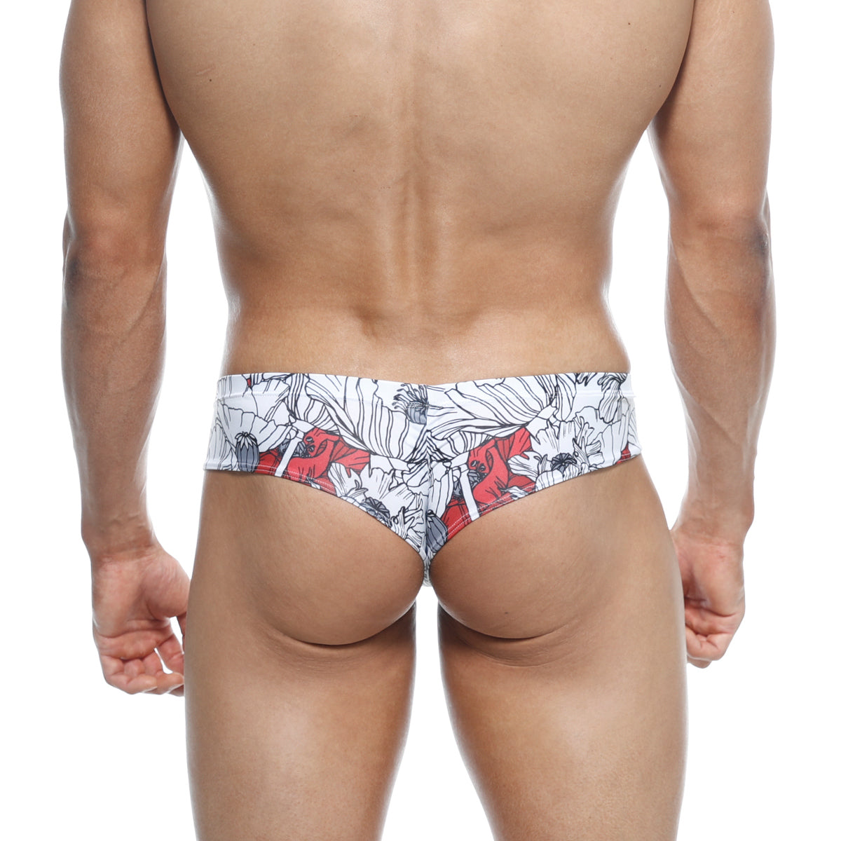 Metro malewear micro cheek escobar 2027-09 red and white floral patterned men’s briefs shown from the back side