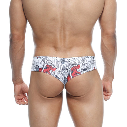 Metro malewear micro cheek escobar 2027-09 red and white floral patterned men’s briefs shown from the back side
