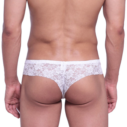 White floral lace thong from MetroMaleWear featuring micro cheek design and delicate lace material in white
