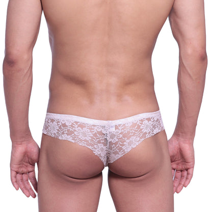White floral lace thong featuring micro cheek lace in nude from MetroMaleWear model 2027-50 shown from back side