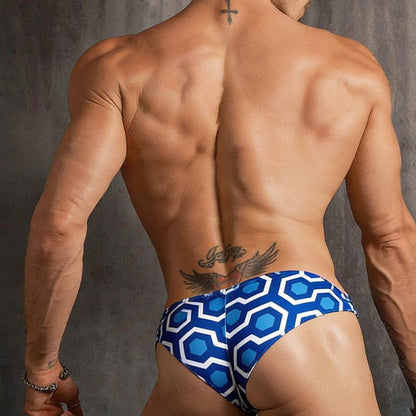 Blue and white geometric-patterned swim trunks metroMalewear micro cheek honeycomb 2027-61 for casual beachwear