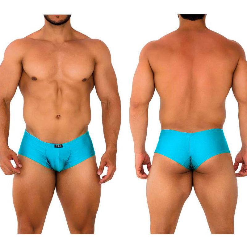 Bright turquoise men’s briefs MetroMaleWear cheek 2028-08 with sleek form-fitting design and black waistband tag
