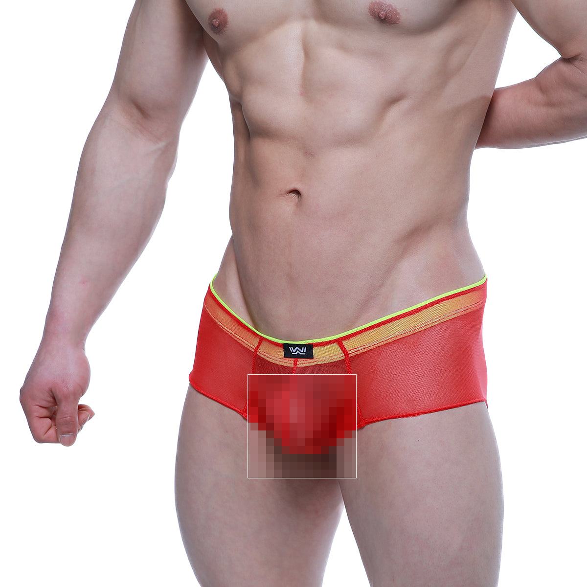 Red mesh briefs with yellow trim and black logo waistband from Metromalewear cheek onion 2028-72 product line