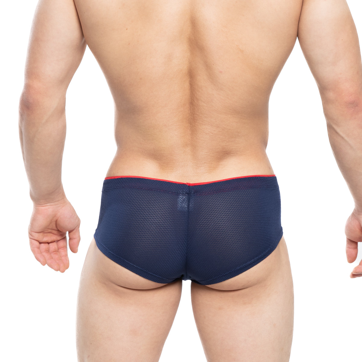 Navy blue mesh briefs with red trim on the waistband from MetroMaleWear cheek inmenso 2028-75 for men