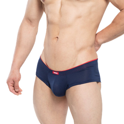 Navy blue mesh briefs with red trim and brand tag on waistband from MetroMaleWear cheek inmenso 2028-75 collection