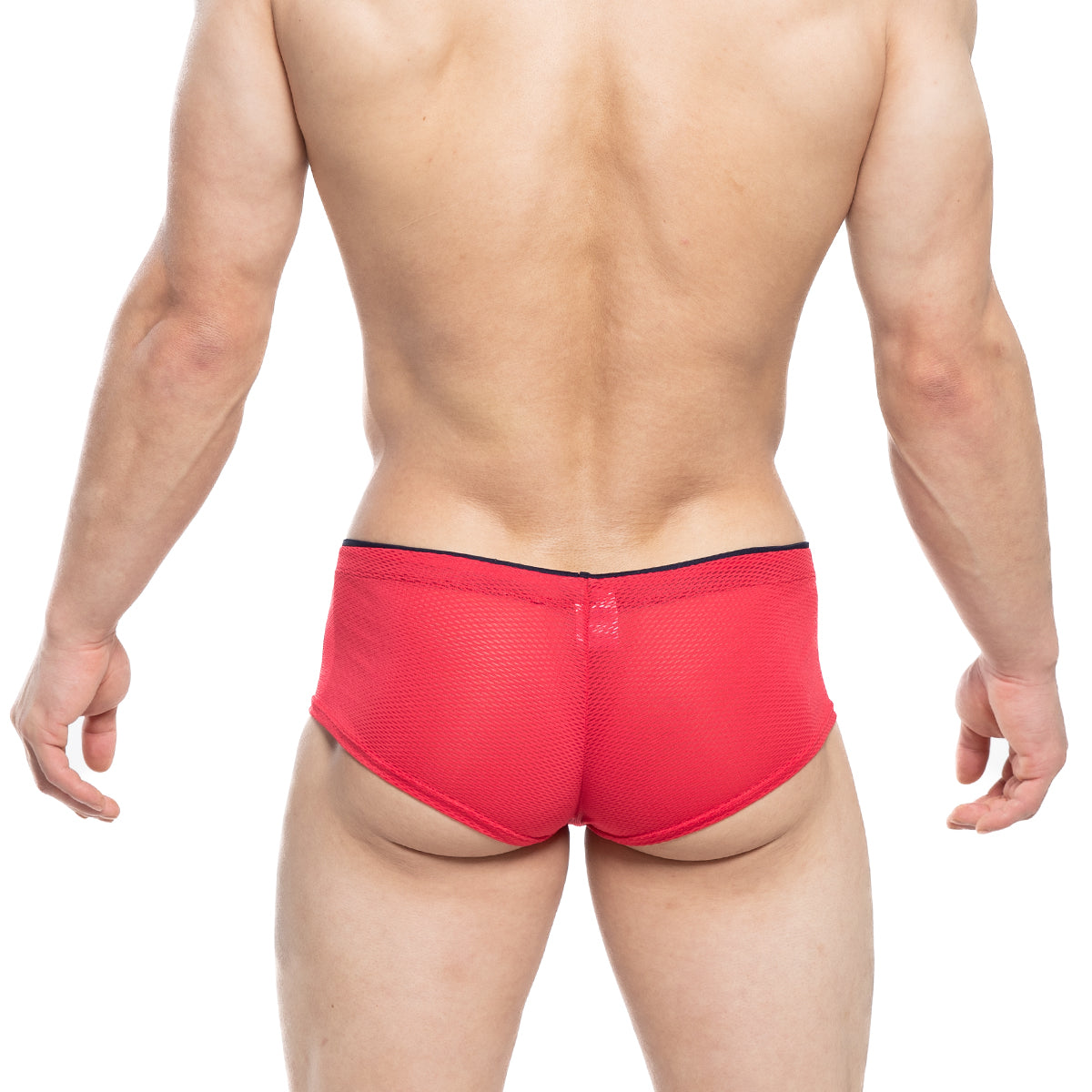 MetroMaleWear CHEEK CIRCON 2028-76 red mesh briefs with black waistband showcasing breathable fabric design