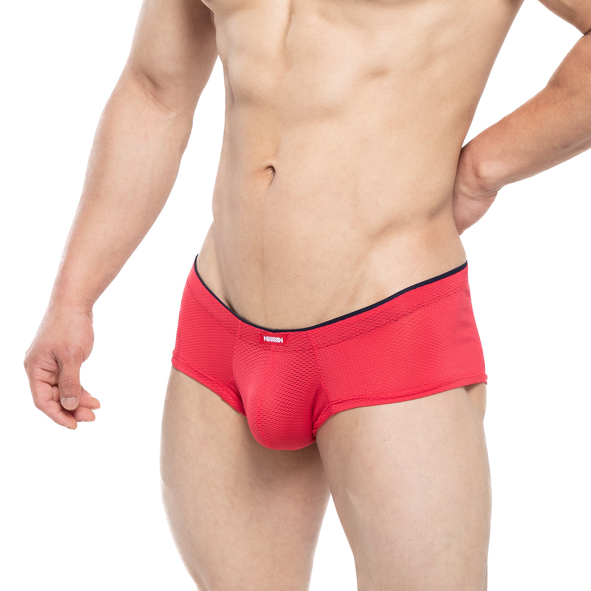 Red mesh briefs with black waistband and red logo front by metromalewear cheek circon 2028-76