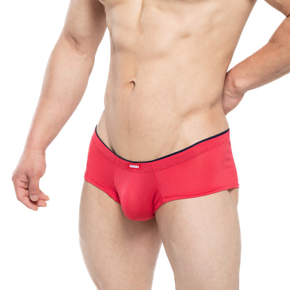 Red mesh briefs with black waistband and red logo front by metromalewear cheek circon 2028-76