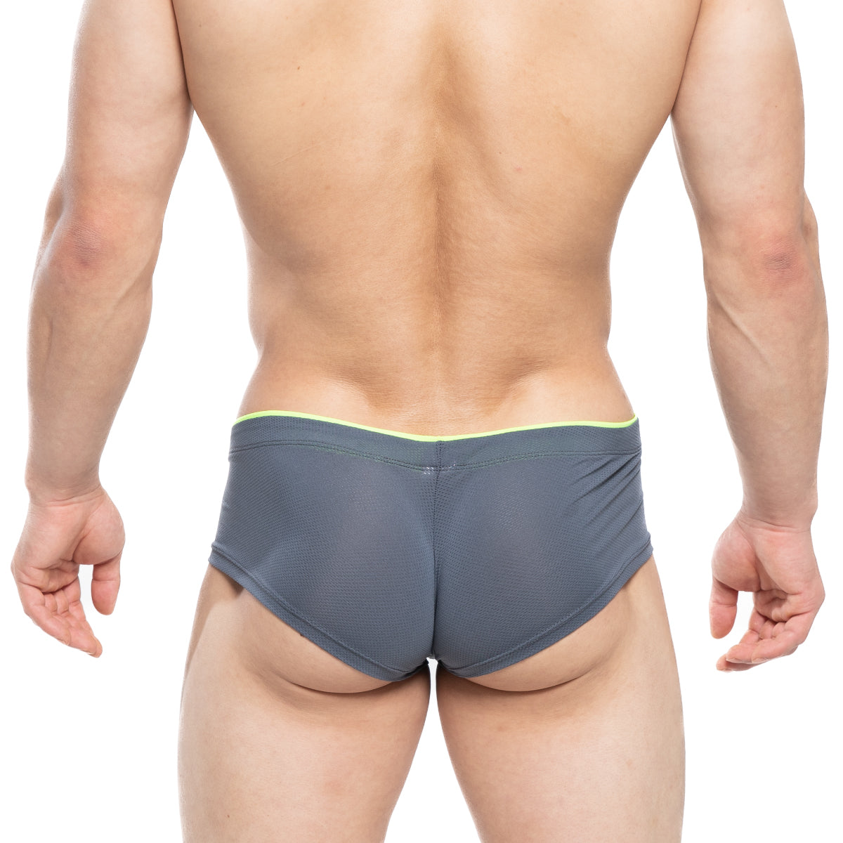 Gray mesh briefs with neon green trim from MetroMaleWear cheek sesgos 2028-77 featuring breathable fabric