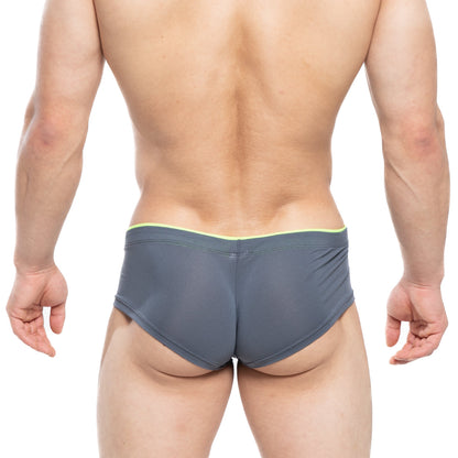 Gray mesh briefs with neon green trim from MetroMaleWear cheek sesgos 2028-77 featuring breathable fabric