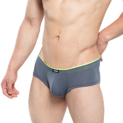 MetroMalewear cheek sesgos 2028-77 gray textured briefs with neon green waistband and black brand tag