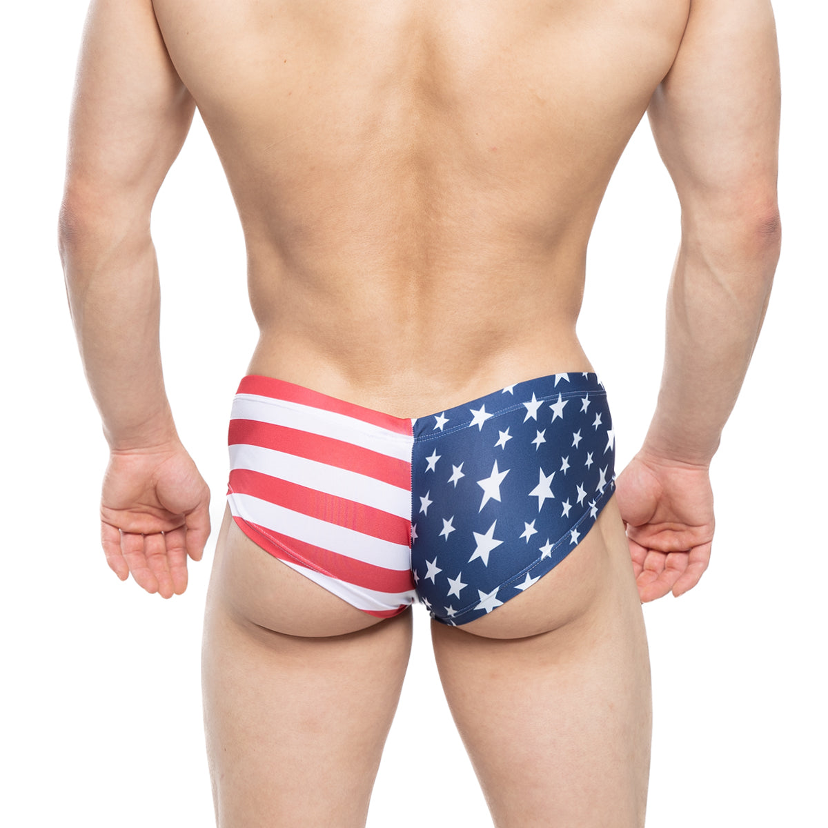 MetroMaleWear CHEEK USA 2028-90 swim trunks with American flag design featuring red white stripes and blue stars