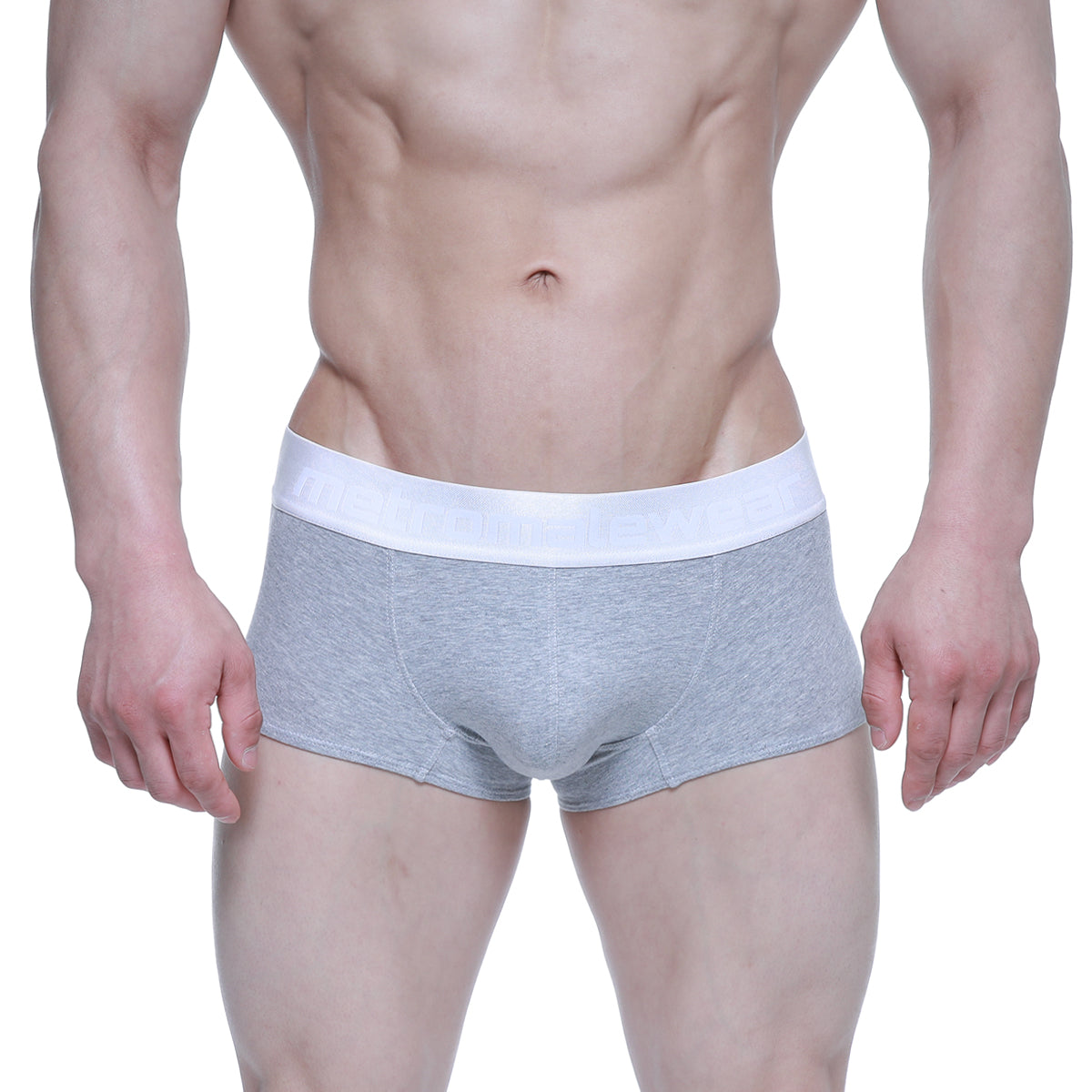 Gray heathered MetroMaleWear elemental boxer briefs with contrasting white elastic waistband for comfortable wear