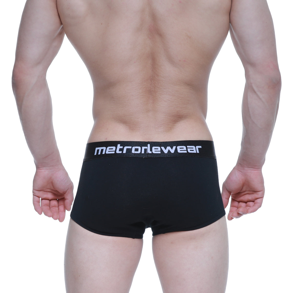 Black metro male wear elemental boxer briefs with white metronewear logo on waistband for comfortable fit
