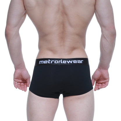 Black metro male wear elemental boxer briefs with white metronewear logo on waistband for comfortable fit