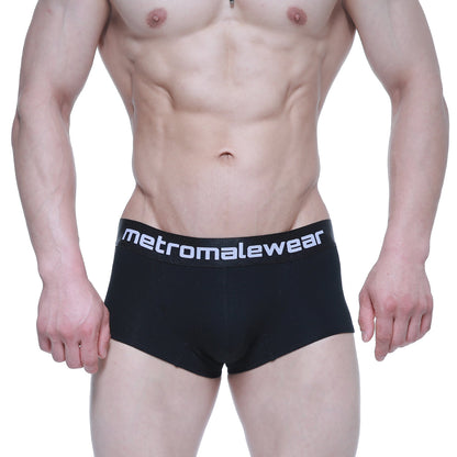 Black metro malewear elemental boxer briefs with white logo waistband designed for comfort and support