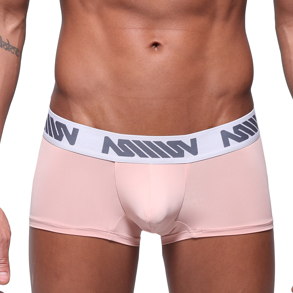 Pink men’s briefs with white elastic waistband featuring gray m logos metroMalewear minimo waistband boxer dusty pink 2033-01