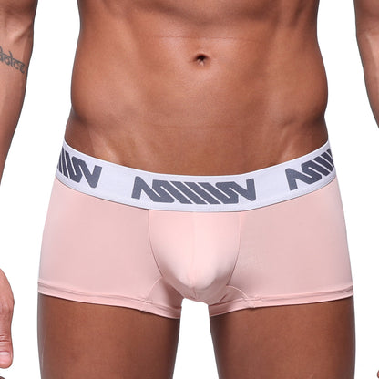 Pink men’s briefs with white elastic waistband featuring gray m logos metroMalewear minimo waistband boxer dusty pink 2033-01