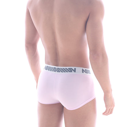 Light pink MetroMaleWear Minimo waistband boxer briefs with white elastic waistband and gray lettering