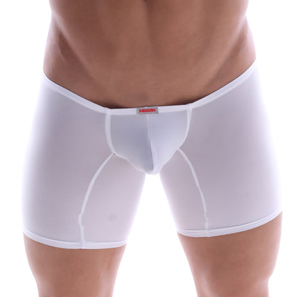 White sheer men’s boxer briefs with red and black MetroMaleWear brand tag at waistband in minimo long boxer style
