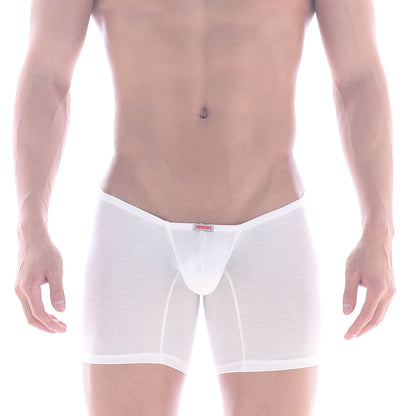 White sheer cotton boxer briefs with a red brand tag at the waistband metroMalewear minimo long boxer white 2034-01