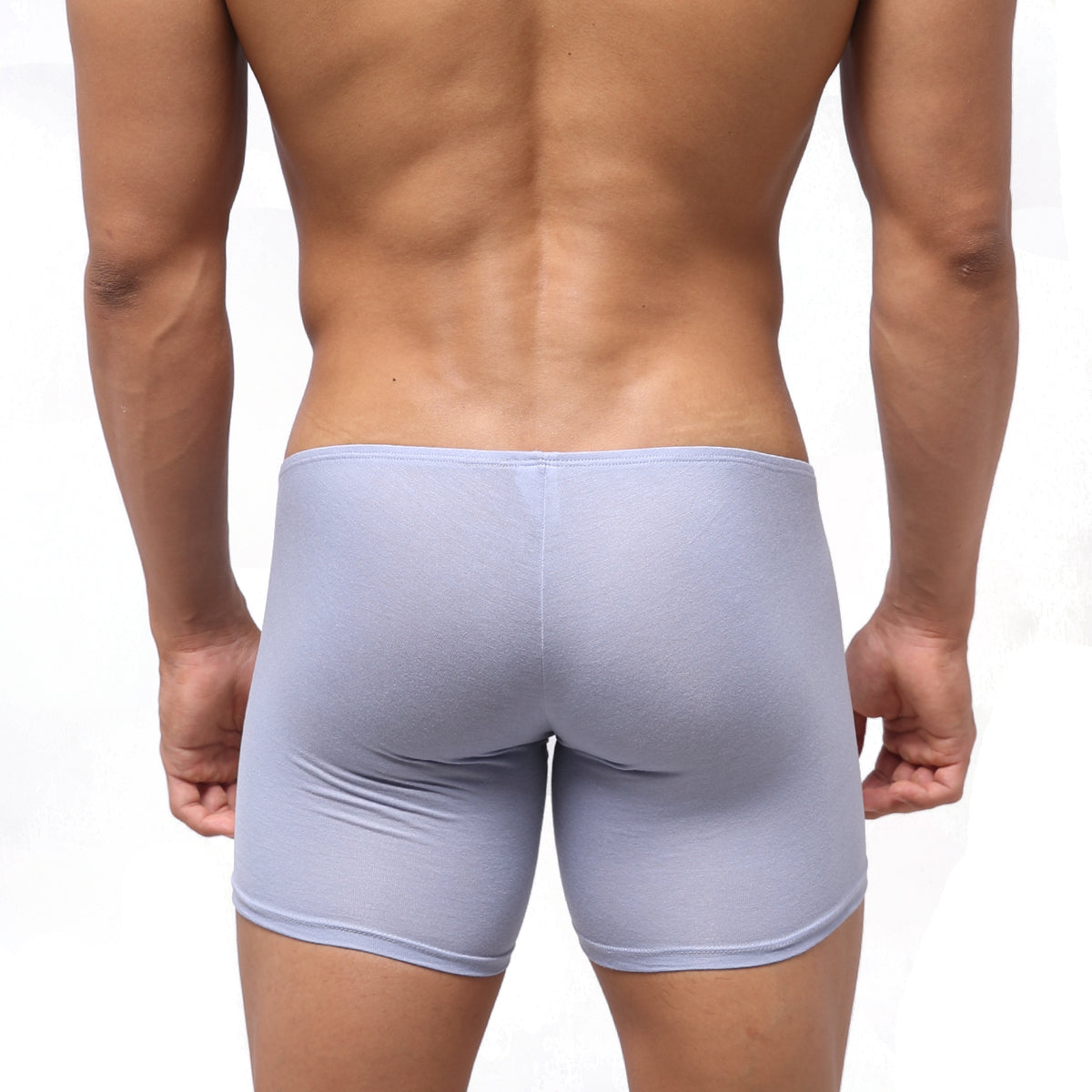 Light blue form-fitting men’s boxer briefs by MetroMaleWear Minimo Long Boxer lavender 2034-08 in soft stretch fabric
