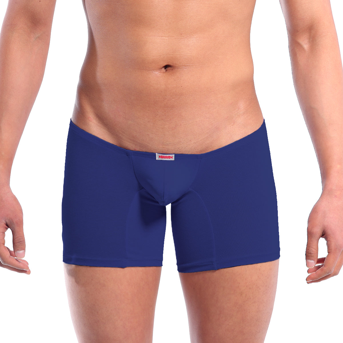 Navy blue men’s briefs by metromalewear minimo long boxer with subtle red and white brand tag on waistband