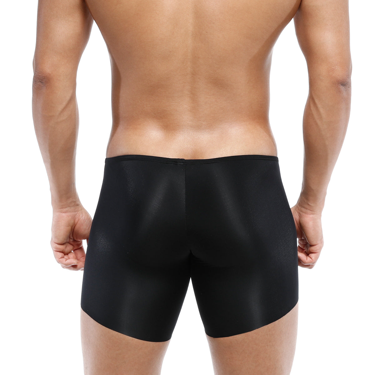 Black sleek satin-finish men’s briefs with a smooth form-fitting design from MetroMaleWear Naked Mid Boxer 2034-30