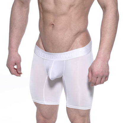 White sheer mesh men’s boxer briefs with reinforced elastic waistband and embossed branding metroMalewear Max Long 2035-00