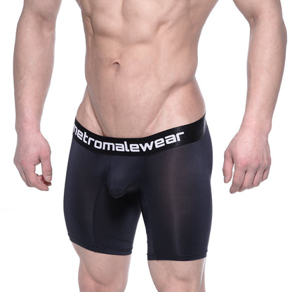 Black metromalewear max long boxer briefs with smooth form-fitting fabric and white branding on the waistband
