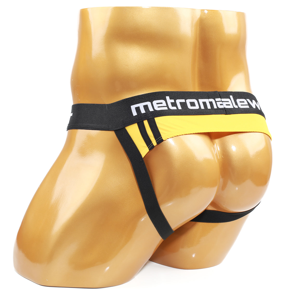 Black and yellow metromale athletic briefs with bold striped design from the metromalewear poderoso jock strap mango 2041-15