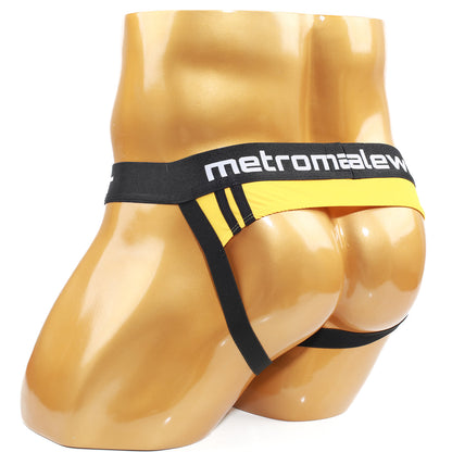 Black and yellow metromale athletic briefs with bold striped design from the metromalewear poderoso jock strap mango 2041-15