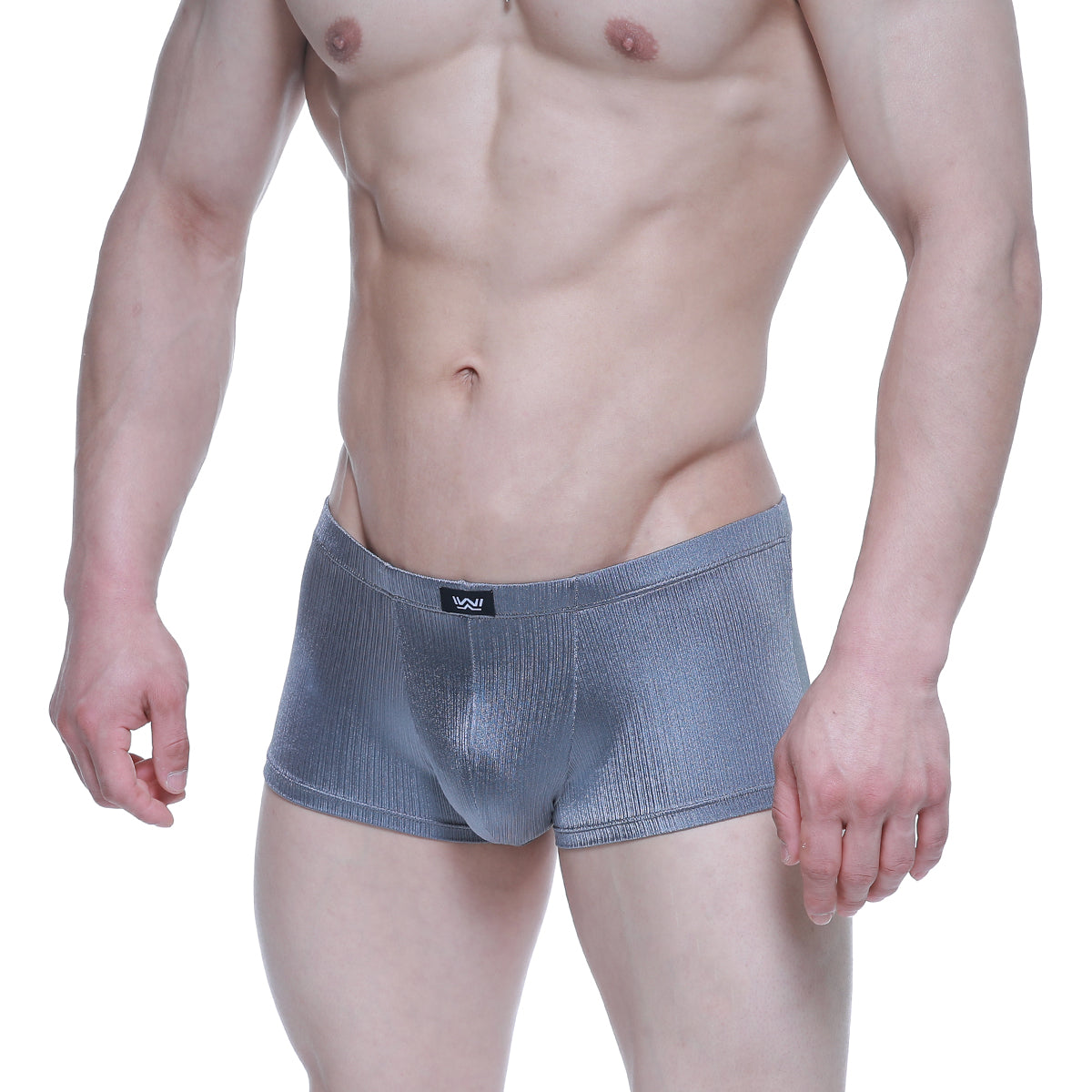 Gray textured MetroMaleWear enhancement boxer briefs with subtle sheen and black logo tag at the waistband