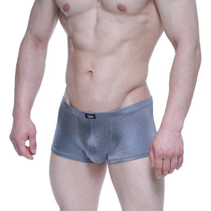 Gray textured MetroMaleWear enhancement boxer briefs with subtle sheen and black logo tag at the waistband