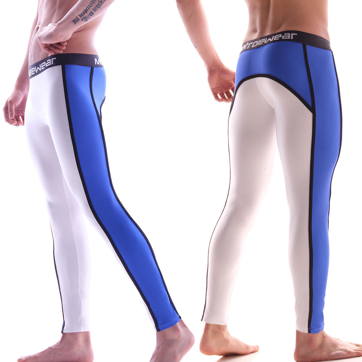 MetroMaleWear athletic pants white 2053-00 blue and white snug fit leggings with black trim and menwear logo waistband