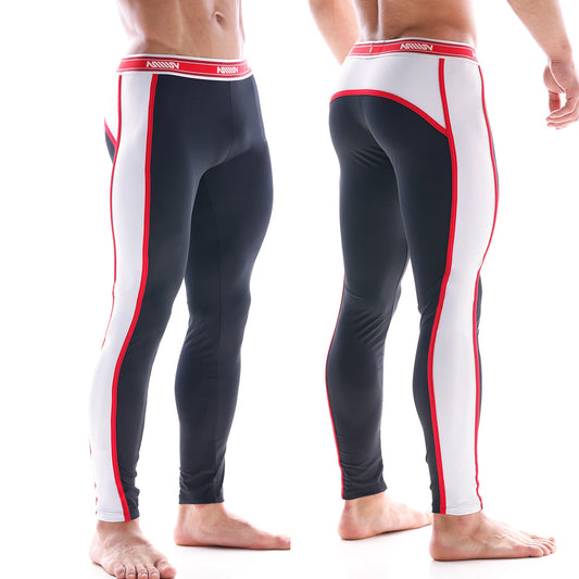 Black and white snug fit athletic leggings with red trim and ashny waistband from MetroMaleWear 2053-20