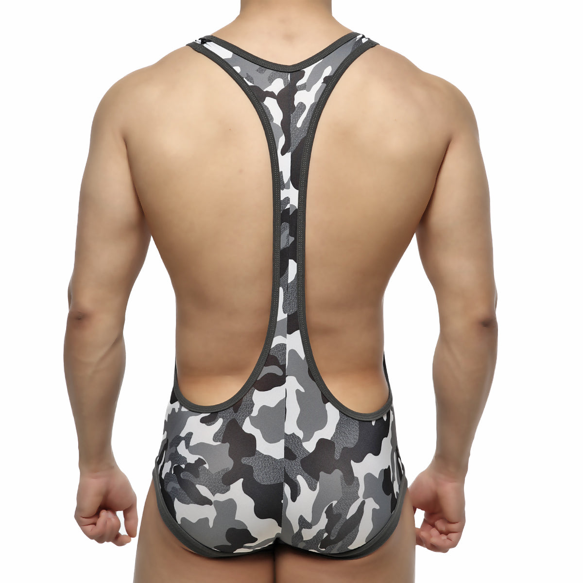 MetroMaleWear camo grey wrestler singlet in gray and black camouflage with racerback design shown from the back side