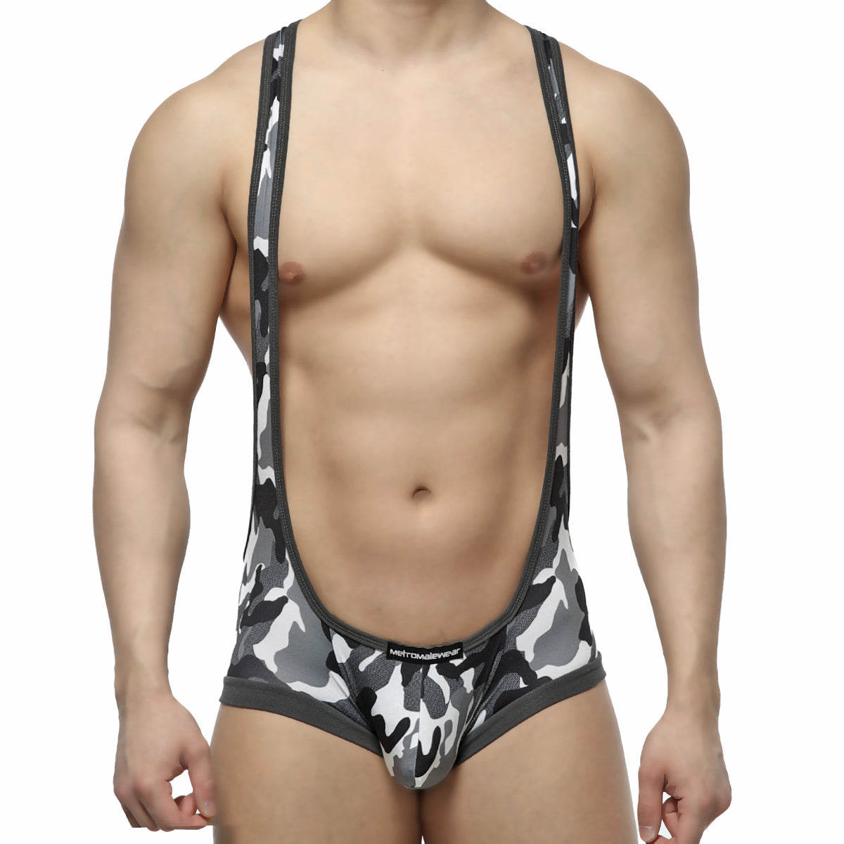 Men’s black gray and white camouflage wrestling singlet by MetroMaleWear with a snug athletic fit for performance