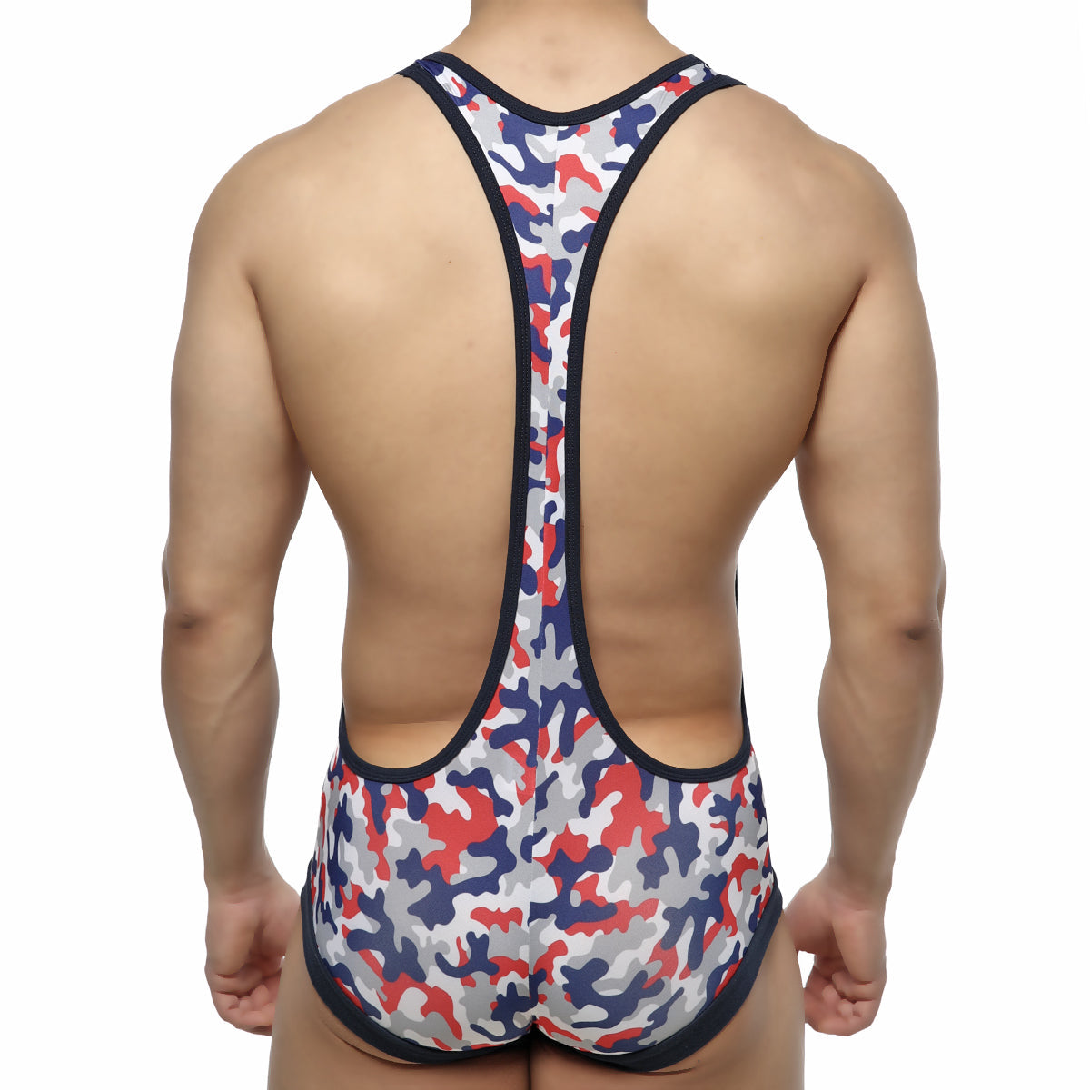 MetroMaleWear camo red wrestler 2093-92 men’s one-piece swimsuit in red white and navy blue camouflage with black trim